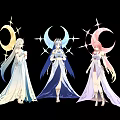 Three Women in Colorful Long Dresses with Moon and Star Decorations Standing Together