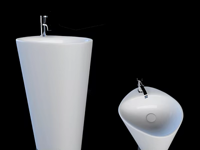 Elegant White Pedestal Washbasins With Unique Curved Shapes And Chrome Faucets 3d model