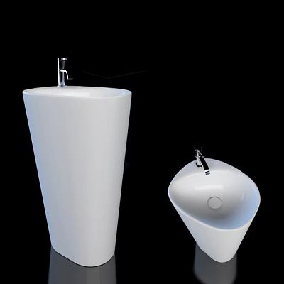 Elegant White Pedestal Washbasins With Unique Curved Shapes And Chrome Faucets 3d model