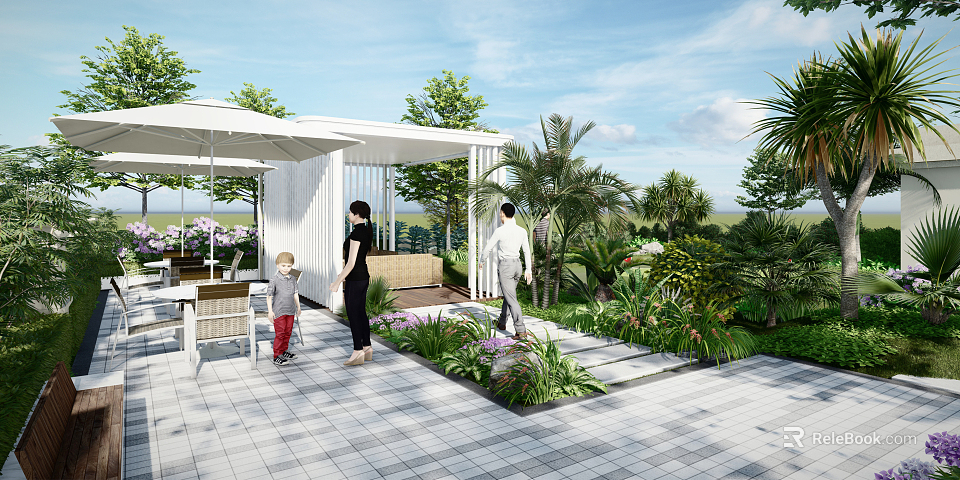 Roof Garden With Family Activities Green Plants Palm Trees Sunshade And Outdoor Tables 3d model 