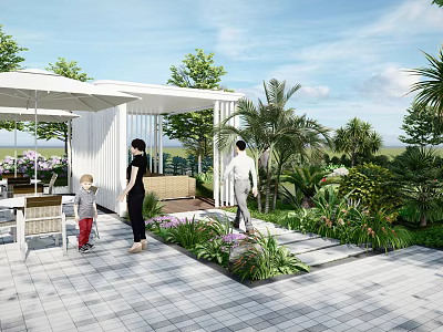 Roof Garden With Family Activities Green Plants Palm Trees Sunshade And Outdoor Tables 3d model