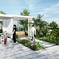 Roof Garden With Family Activities Green Plants Palm Trees Sunshade And Outdoor Tables