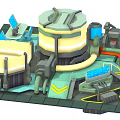 Cartoon Sci Fi Scene With Large Circular Device Pipes Control Panels And Vibrant Mechanical Structures