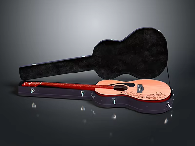 Elegant Acoustic Guitar In Open Case With Floral Pattern And Shiny Reflection 3d model