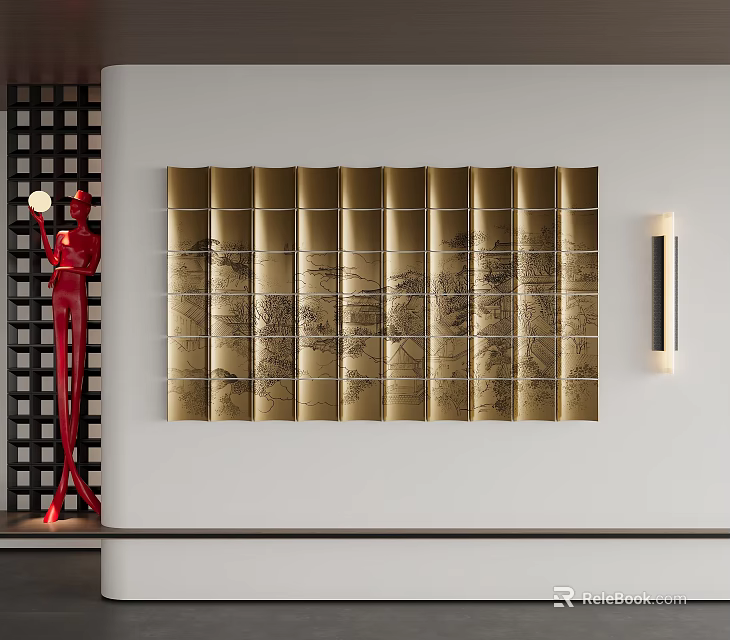 Golden Patterned Wall Decor With Red Sculpture And Wall Lamp On White Background 3d model 