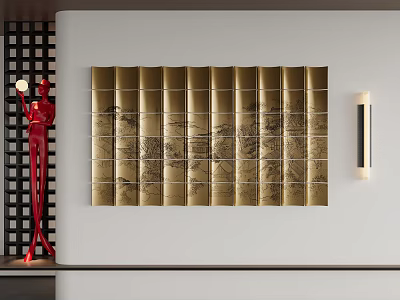 Golden Patterned Wall Decor With Red Sculpture And Wall Lamp On White Background 3d model