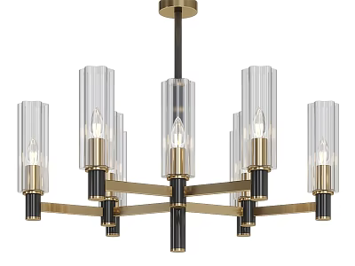 Modern Chandelier Design With Transparent Glass Cylinders Brass Metal Frame And Illuminated Bulbs 3d model