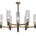 Modern Chandelier Design With Transparent Glass Cylinders Brass Metal Frame And Illuminated Bulbs