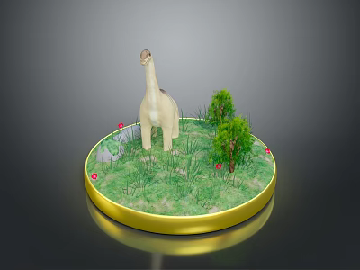 Dinosaur Model On Circular Display Base With Grassland Small Trees And Red Flowers 3d model