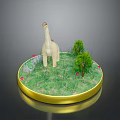 Dinosaur Model On Circular Display Base With Grassland Small Trees And Red Flowers