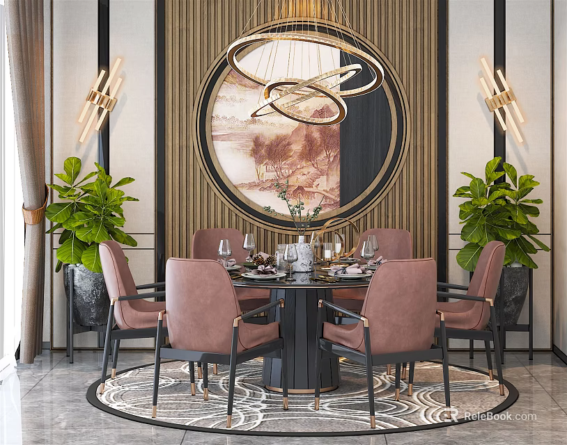 Modern Round Dining Table Set With Pink Chairs Tableware Vase And Green Plants 3d model