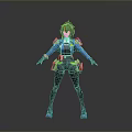 Tech Inspired Humanoid Character With Blue Black Outfit Green Waist Gear Short Hair Look