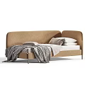 Modern Beige Children's Bed With Upholstered Headboard Soft Blanket and Pillows Minimalist Style