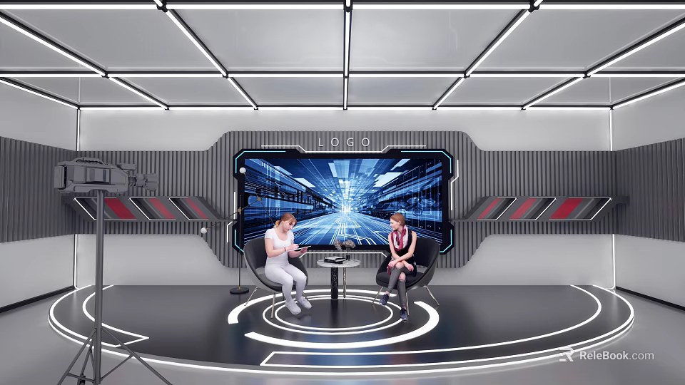 Modern Public Office Space With People Communicating At Round Table And Large Screen 3d model 
