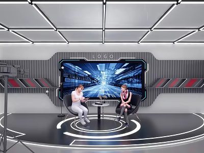 Modern Public Office Space With People Communicating At Round Table And Large Screen 3d model