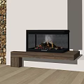 Modern Fireplace With Burning Flames And Wooden Base Near Wood Pile Wall Interior