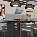 Modern Restaurant Interior With Rattan Pendant Lights Open Kitchen Marble Island And Green Plants