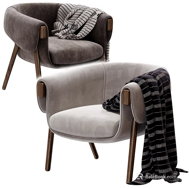 Light Gray And Gray Accent Chair With Velvet Upholstery Wooden Arms Legs And Striped Blanket 3d model 