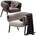 Light Gray And Gray Accent Chair With Velvet Upholstery Wooden Arms Legs And Striped Blanket