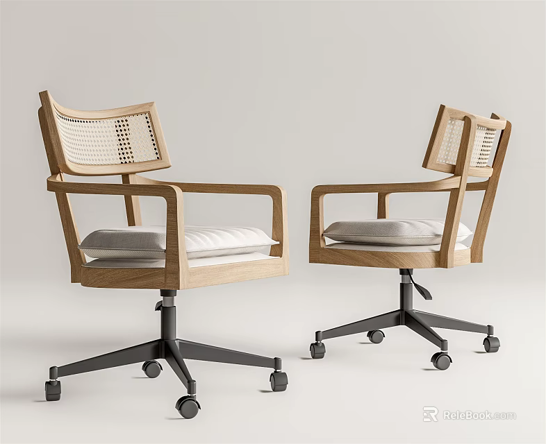 Wooden Frame Office Chair With Woven Backrest White Cushion And Black Wheeled Base 3d model 