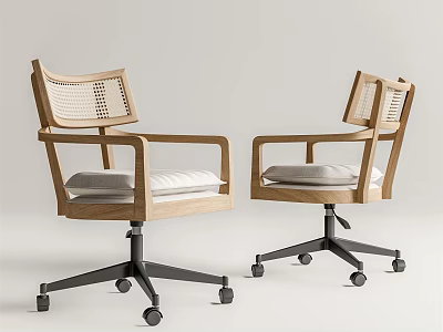 Wooden Frame Office Chair With Woven Backrest White Cushion And Black Wheeled Base 3d model
