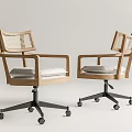 Wooden Frame Office Chair With Woven Backrest White Cushion And Black Wheeled Base