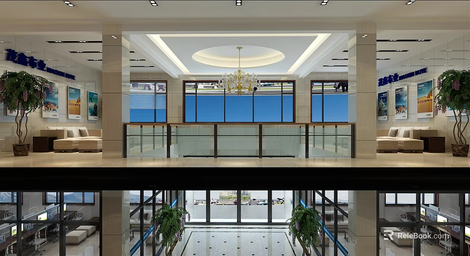 Modern Reception Area Interior Design With Chandelier Glass Railing And Sofa 3d model 