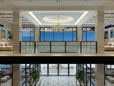 Modern Reception Area Interior Design With Chandelier Glass Railing And Sofa 3d model