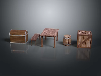 Rustic Wooden Scene Components With Chest Table Stool And Barrel 3d model