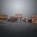 Rustic Wooden Scene Components With Chest Table Stool And Barrel