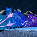 Elegant Event Stage Design with Blue Themed Screens Lighting Seats and Central Walkway