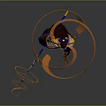 Armored Warrior Character With Mythical Beast Holding Sword And Orange Ribbons