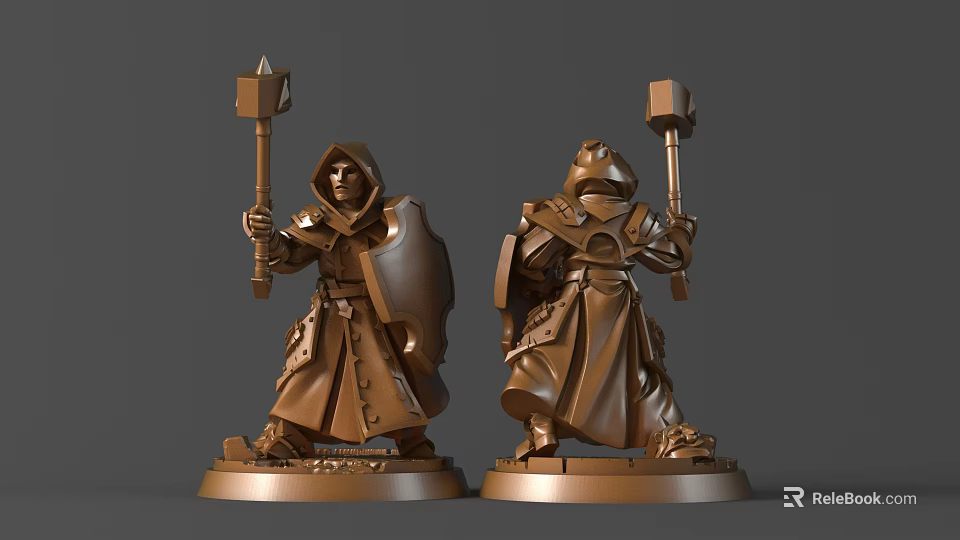 Hooded Robed Figures Sculpture Carving Holding Hammers And Shields On Pedestals 3d model 