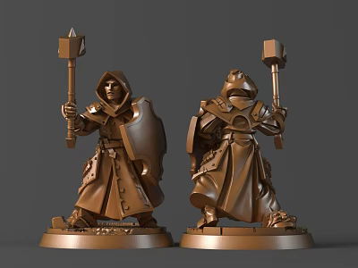 Hooded Robed Figures Sculpture Carving Holding Hammers And Shields On Pedestals 3d model