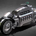 Silver Metallic Motorcycle With Unique Retro Futuristic Design And Large Chrome Wheels