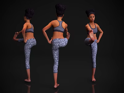 Woman In Sports Bra And Patterned Leggings Doing Stretching Poses From Multiple Angles 3d model