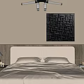 Modern Bedroom Interior with Bed Bedside Tables Lamps Chandelier and Curtains