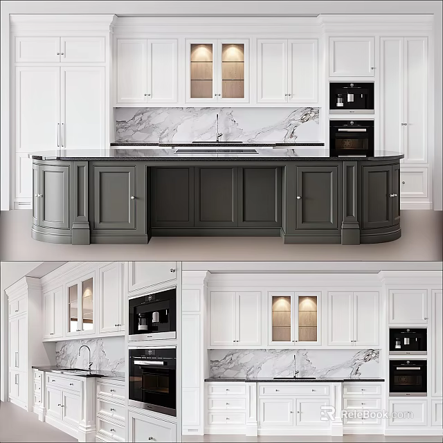 Modern Kitchen Cabinets Design With White Gray Finish And Marble Countertop Island 3d model 