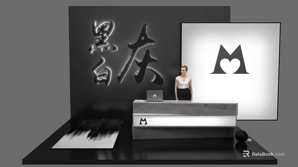 Modern Reception Desk With Receptionist Laptop Black White Gray Background And Brand Logo 3d model 