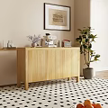 Modern Wooden Sideboard with Coffee Machine Radio Decorations and Green Plant Near Beige Wall