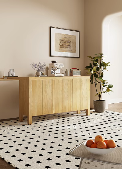 Modern Wooden Sideboard with Coffee Machine Radio Decorations and Green Plant Near Beige Wall 3d model
