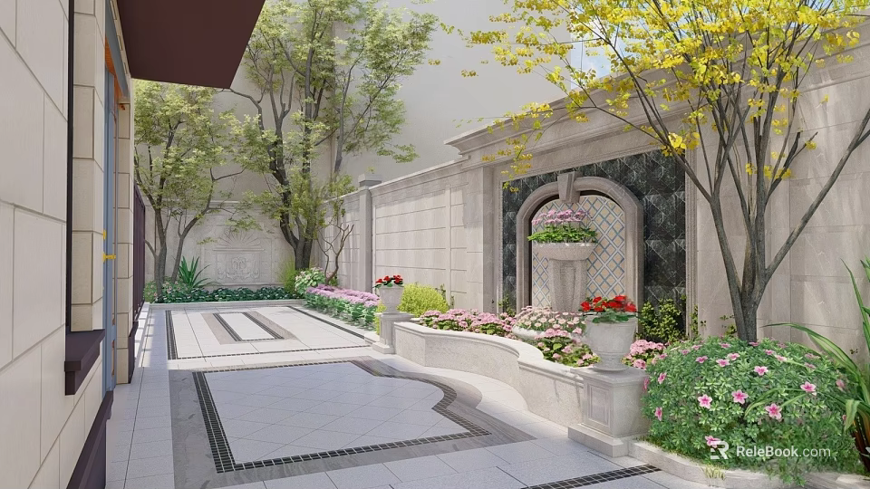 Stunning Courtyard Garden Design With Stone Pathway Decorative Wall Colorful Flower Beds And Green Trees 3d model 