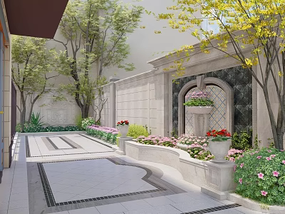 Stunning Courtyard Garden Design With Stone Pathway Decorative Wall Colorful Flower Beds And Green Trees 3d model