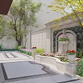 Stunning Courtyard Garden Design With Stone Pathway Decorative Wall Colorful Flower Beds And Green Trees