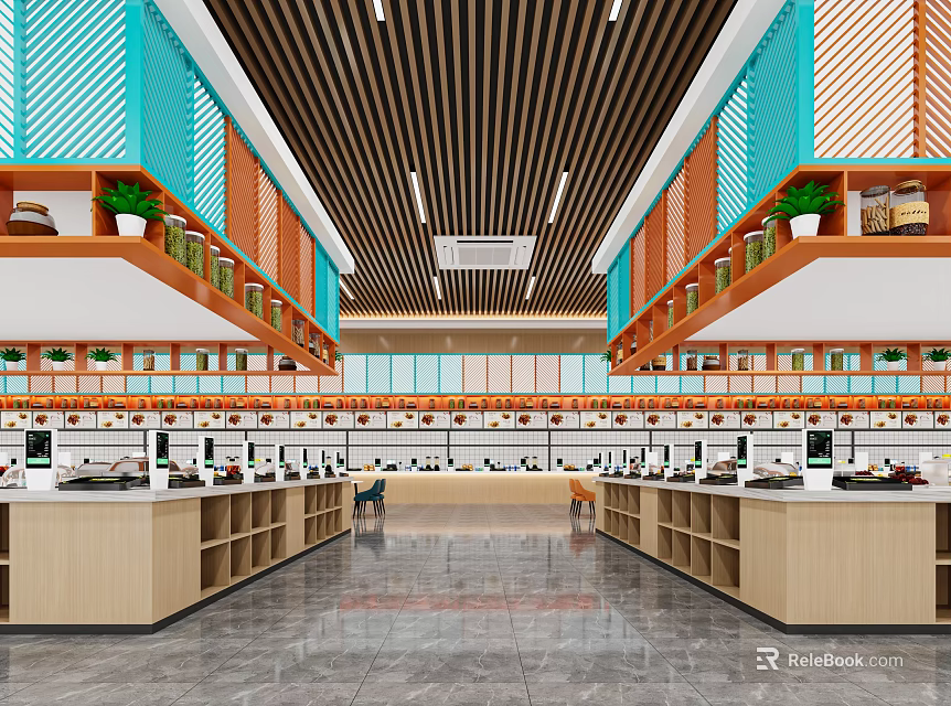 Modern Restaurant Interior With Open Layout Wooden Counter And Green Plants Decoration 3d model 