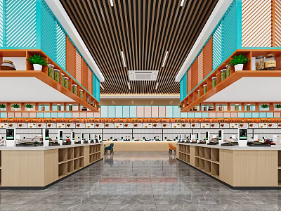 Modern Restaurant Interior With Open Layout Wooden Counter And Green Plants Decoration 3d model