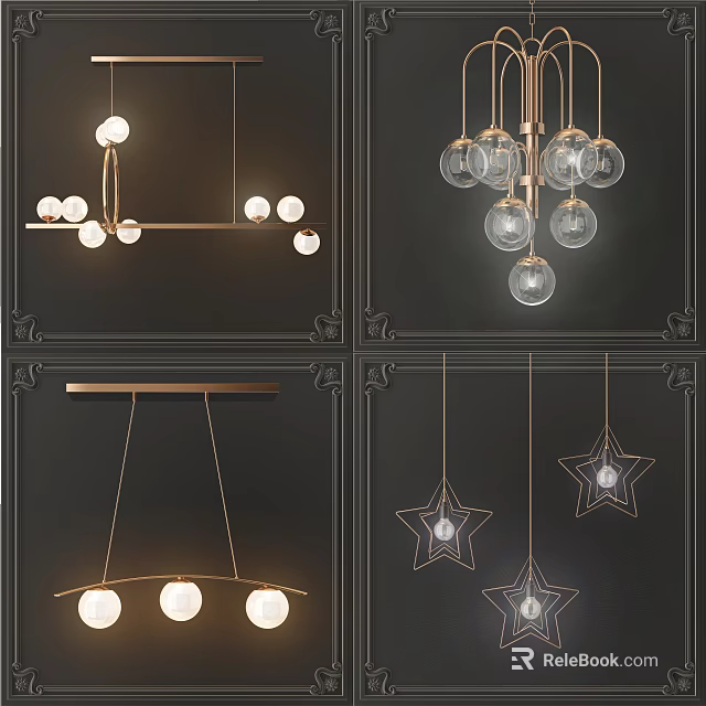 Elegant Chandeliers with Glass Globe and Star Shaped Designs on Metal Hanging Frames 3d model 