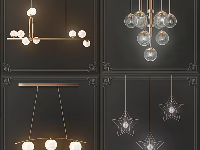 Elegant Chandeliers with Glass Globe and Star Shaped Designs on Metal Hanging Frames 3d model