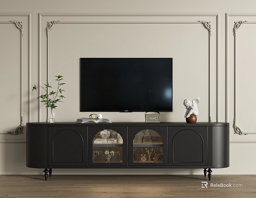 Elegant Black TV Stand With Flat Screen TV Green Plant And Statue On Decorative Wall 3d model 