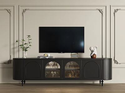 Elegant Black TV Stand With Flat Screen TV Green Plant And Statue On Decorative Wall 3d model